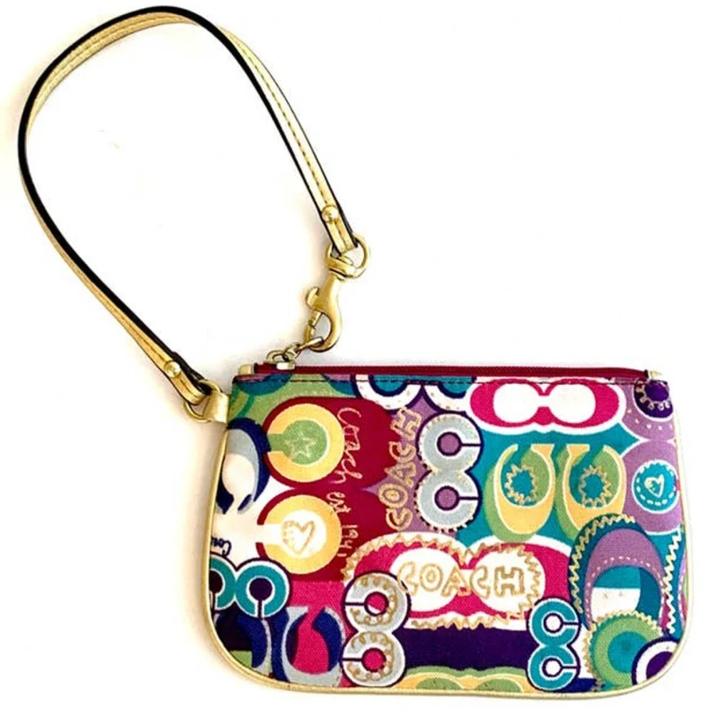 Coach Poppy wristlet Multicolor Signature C Gold leather trim - Picture 1 of 3